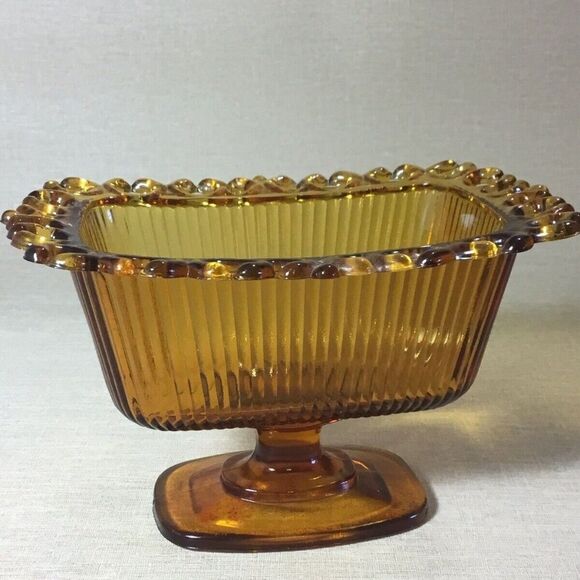 VTG Ftda 81s Amber Candy Bowl Ridged Glass Lace Edge Pedestal Footed Dish 4 1/2"